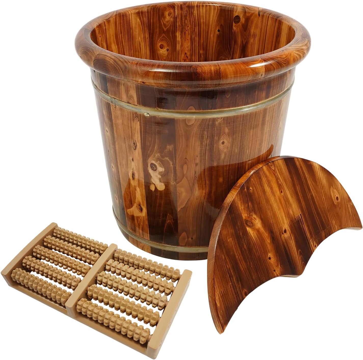 Large Deep Foot Soaking Bucket with Wood Grain Design – 15.75"x15.75" Insulated Foot Bath Tub with Lid – Home Spa Foot Spa Bucket for Stress Relief and Wellness