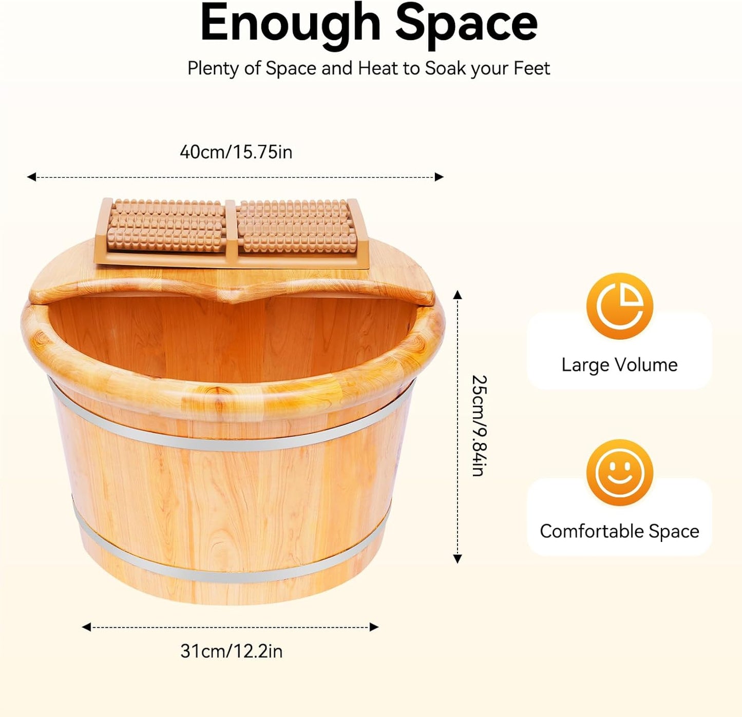 Large Capacity Natural Wooden Foot Soak Bucket with Massage Rollers|Thickened Pine Foot Spa Tub for Adults|Reinforced Leak-Proof Barrel 15.75" x 12.2" x 9.84"