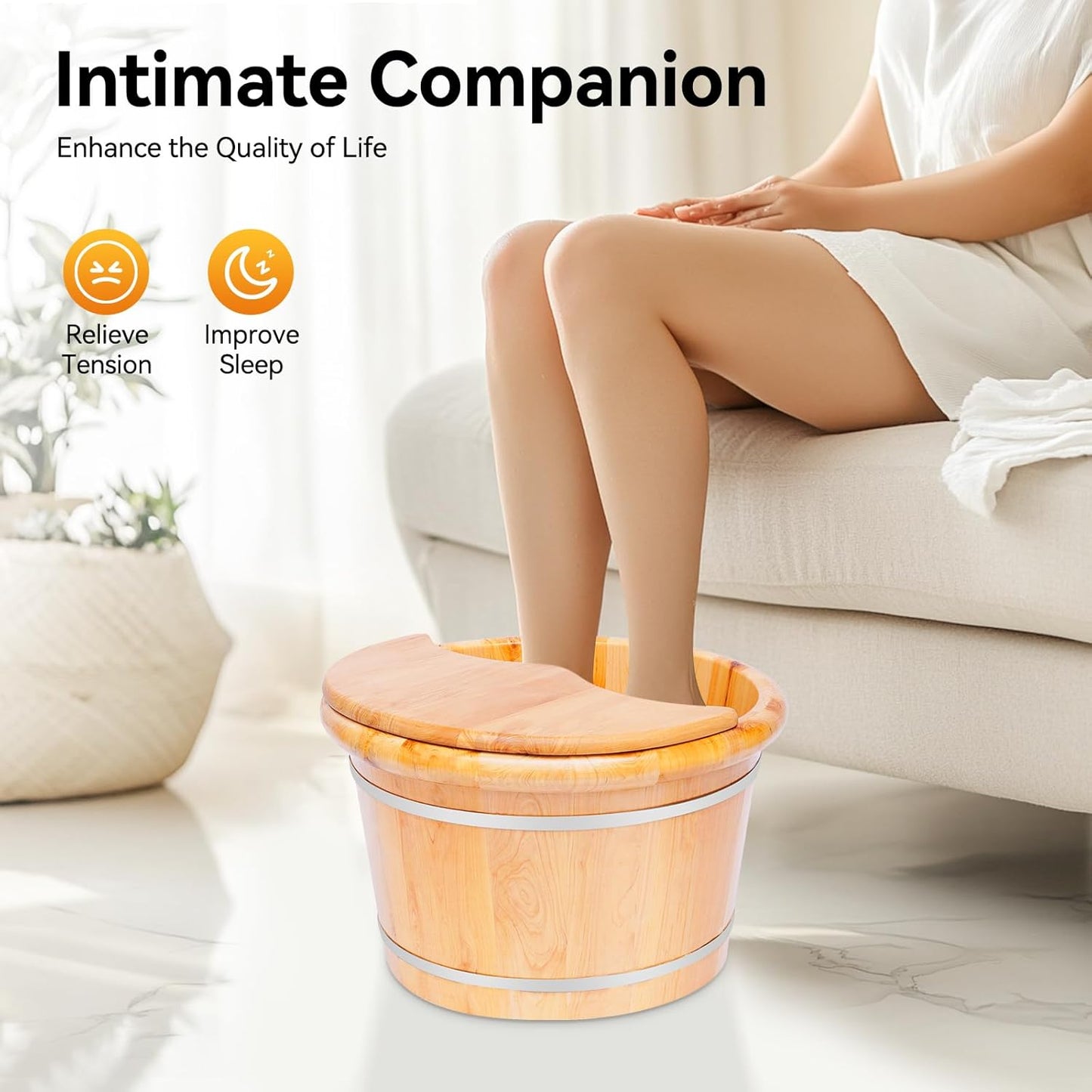 Large Capacity Natural Wooden Foot Soak Bucket with Massage Rollers|Thickened Pine Foot Spa Tub for Adults|Reinforced Leak-Proof Barrel 15.75" x 12.2" x 9.84"