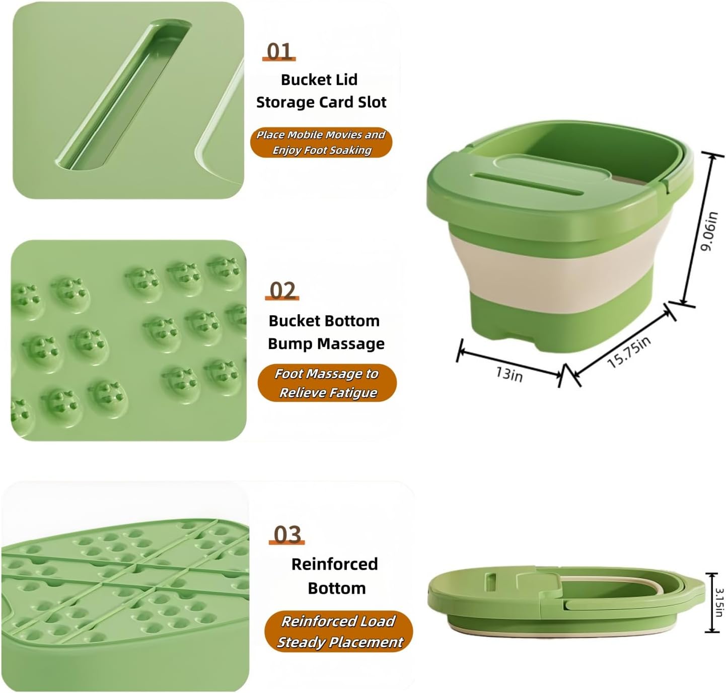 Multi-Functional Collapsible Foot Soak Tub｜Thickened Foot Bath Basin with Lid｜Massage Bump Base & Phone Slot｜Portable Space-Saving Design (Green)