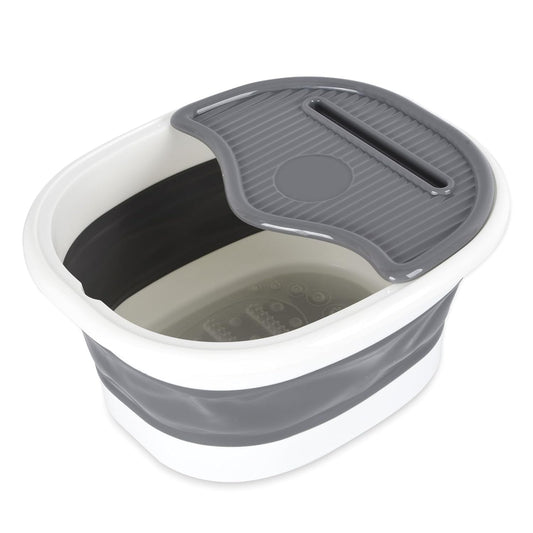 Collapsible Foot Soaking Tub with Cover｜Portable Foldable Foot Bath Basin with Massage Dots｜Space-Saving Design｜15.74" Gray & White