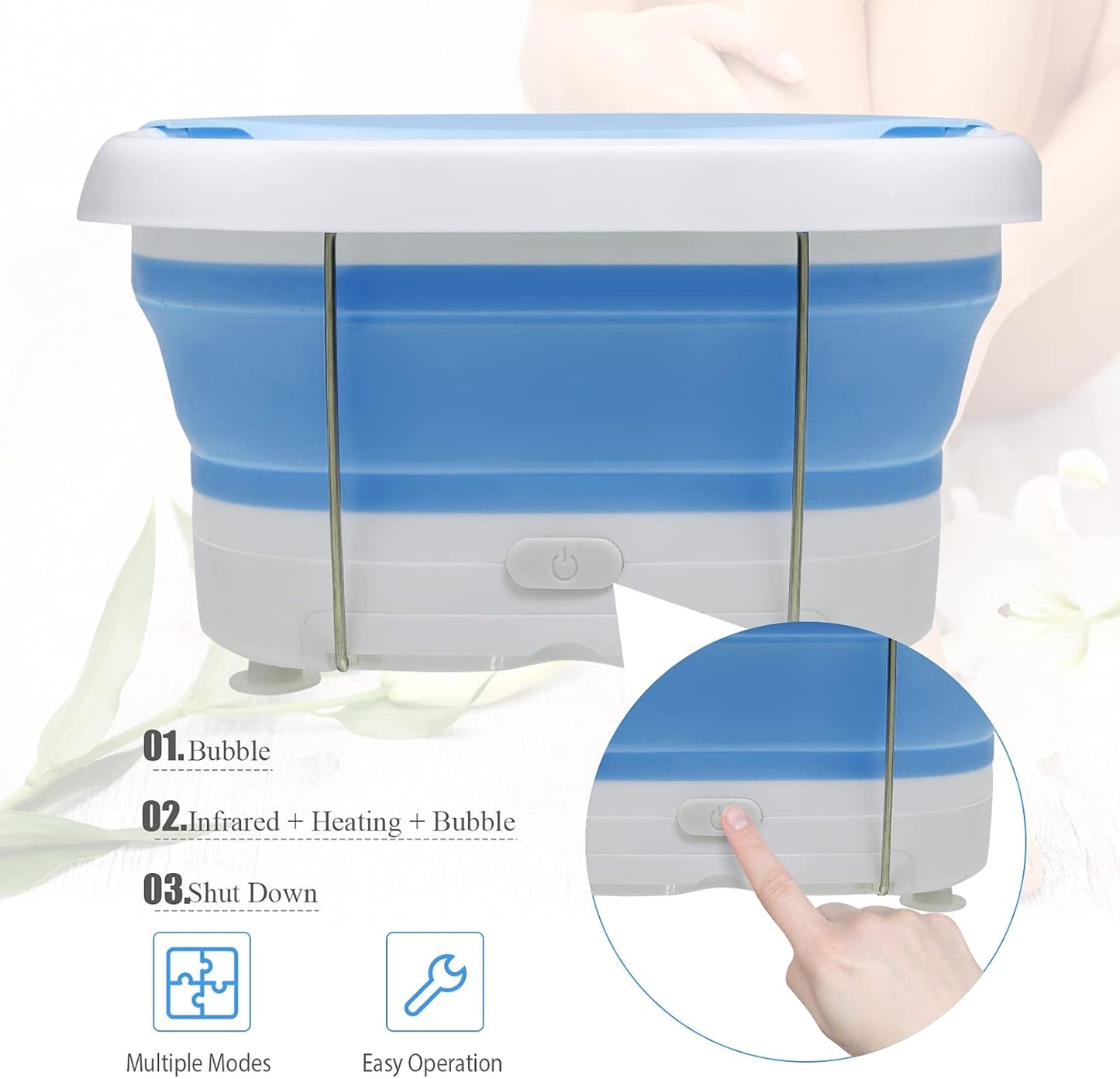Foldable Foot Spa Bath Massager with Heating & Bubbles｜Infrared Therapy｜3 Modes Electric Foot Soak Tub｜Space-Saving Design｜Blue & White