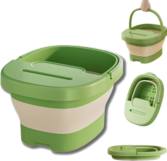 Multi-Functional Collapsible Foot Soak Tub｜Thickened Foot Bath Basin with Lid｜Massage Bump Base & Phone Slot｜Portable Space-Saving Design (Green)