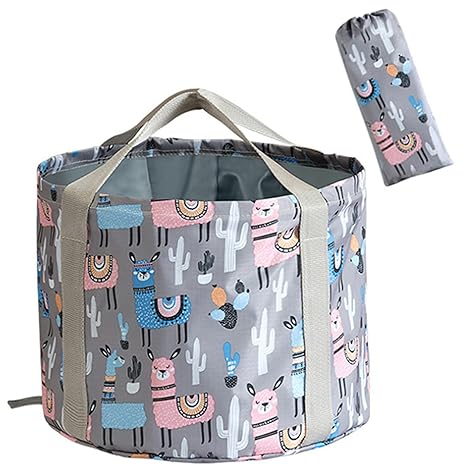 Portable Collapsible Foot Soaking Tub 26L Large Capacity with Storage Bag – Foldable Outdoor Travel Foot Bath Basin with Drawstring Closure, Oxford Fabric Waterproof Liner – Gray with Cute Llama Print