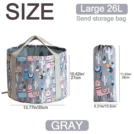 Portable Collapsible Foot Soaking Tub 26L Large Capacity with Storage Bag – Foldable Outdoor Travel Foot Bath Basin with Drawstring Closure, Oxford Fabric Waterproof Liner – Gray with Cute Llama Print