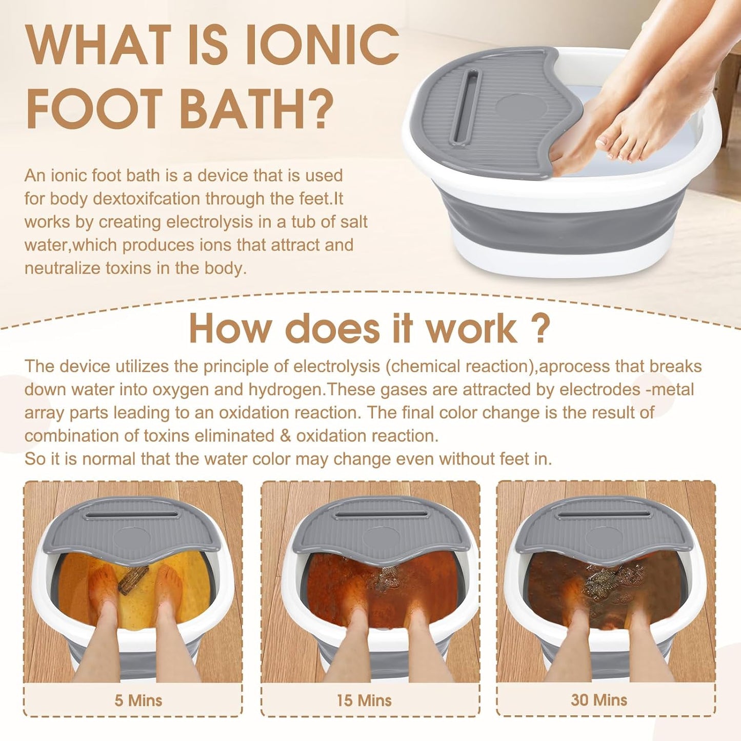 Collapsible Foot Soaking Tub with Cover｜Portable Foldable Foot Bath Basin with Massage Dots｜Space-Saving Design｜15.74" Gray & White