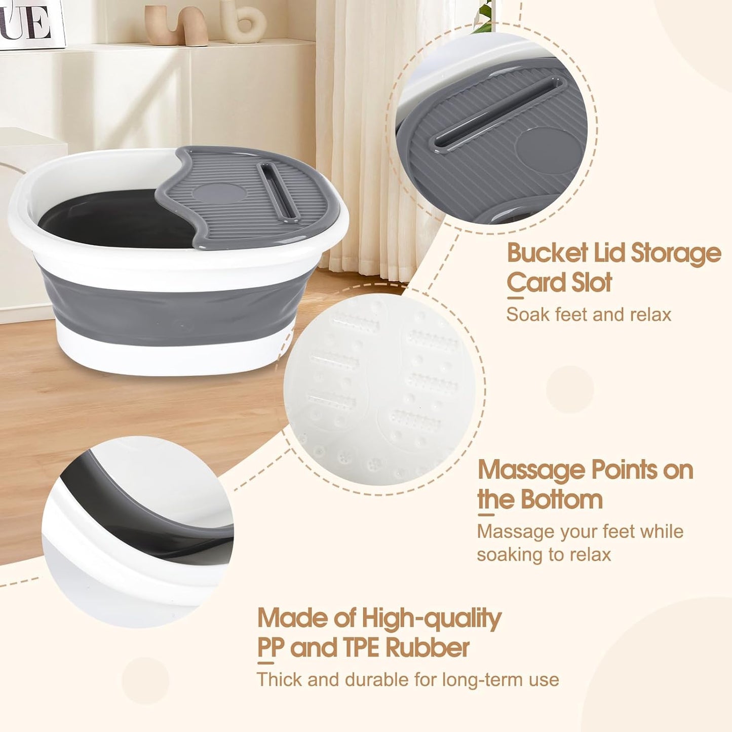 Collapsible Foot Soaking Tub with Cover｜Portable Foldable Foot Bath Basin with Massage Dots｜Space-Saving Design｜15.74" Gray & White