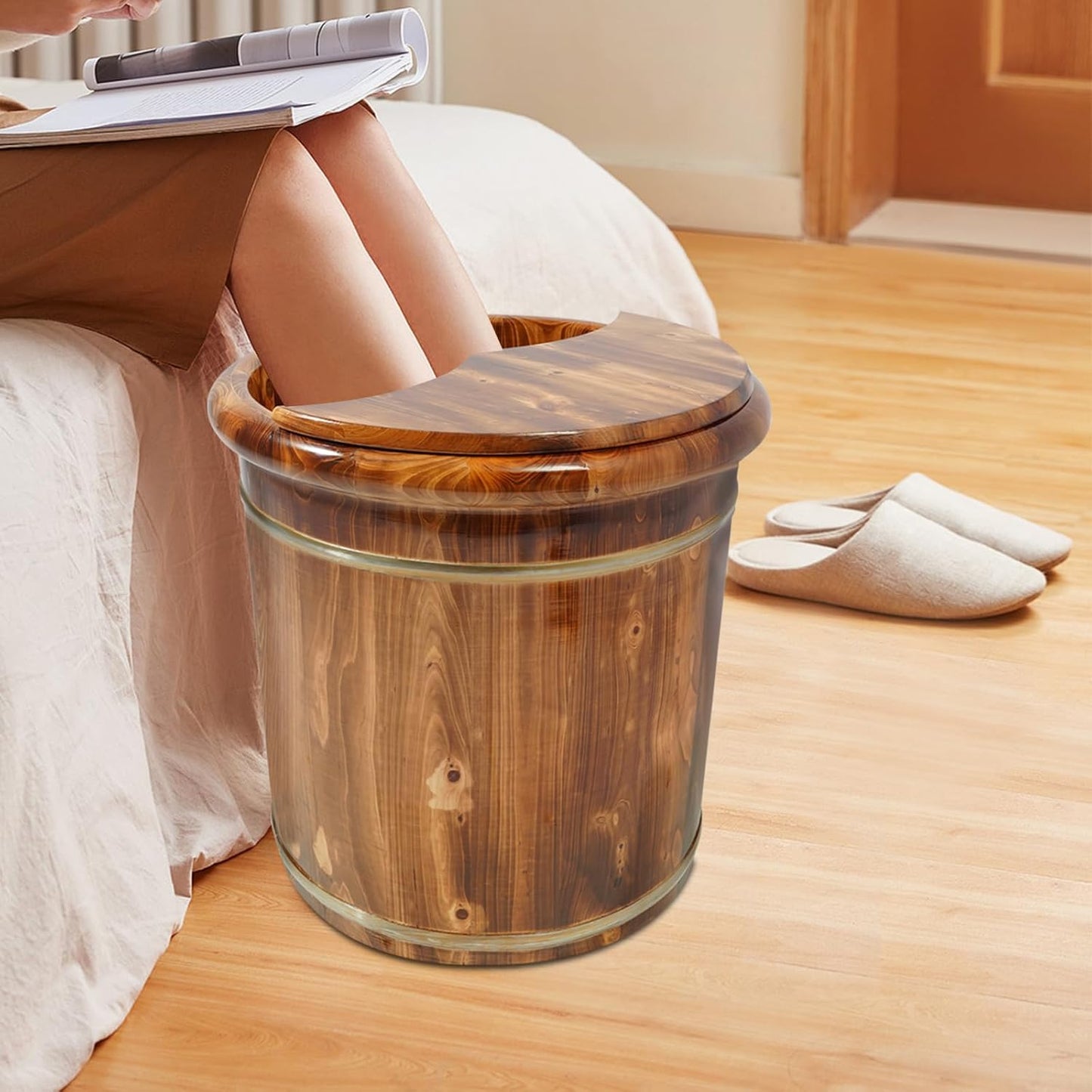 Large Deep Foot Soaking Bucket with Wood Grain Design – 15.75"x15.75" Insulated Foot Bath Tub with Lid – Home Spa Foot Spa Bucket for Stress Relief and Wellness