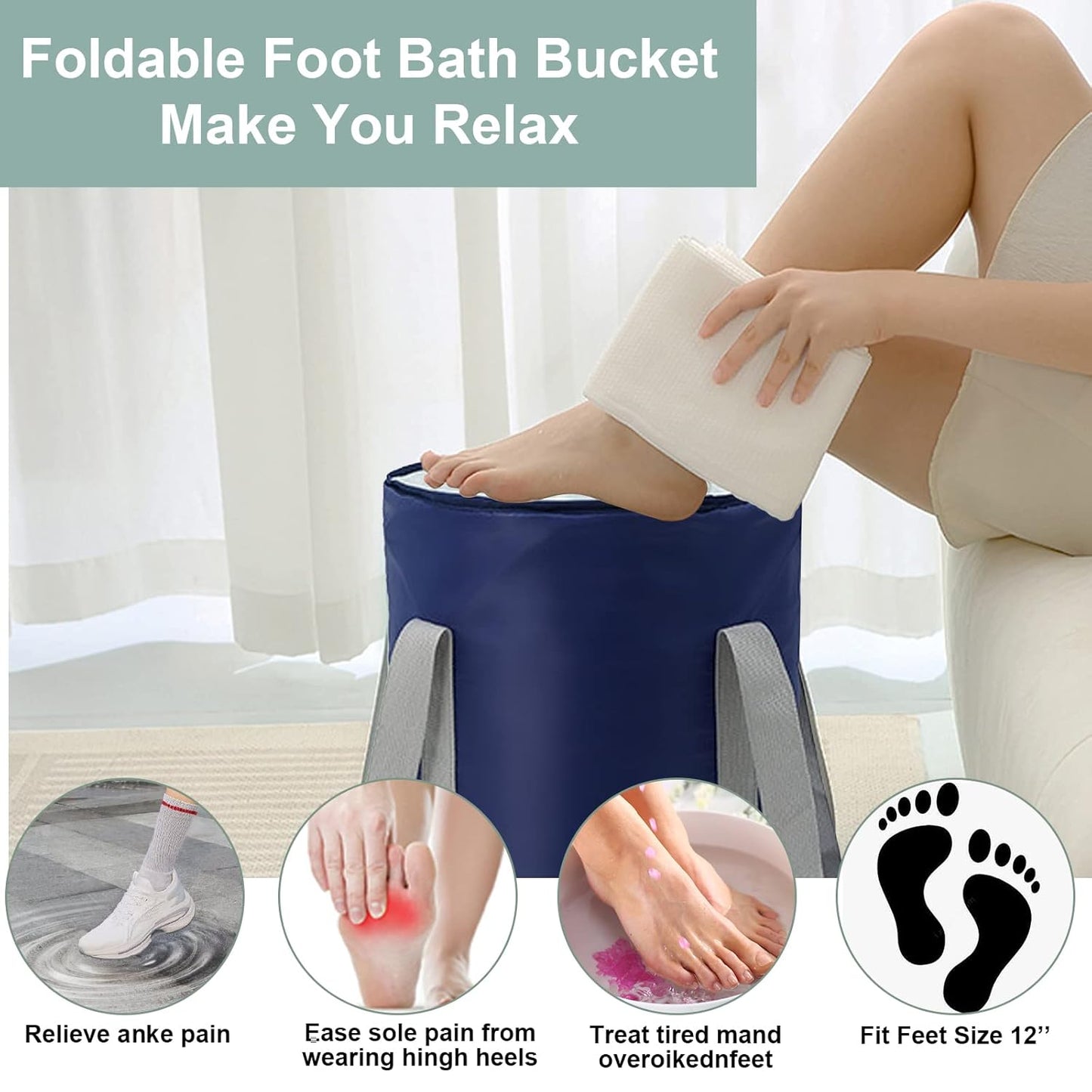 Portable Deep Collapsible Foot Soaking Bucket – 11.8"x14.1" Large Capacity Foldable Foot Bath Basin with Waterproof Lining – Travel Outdoor Foot Tub in Navy Blue