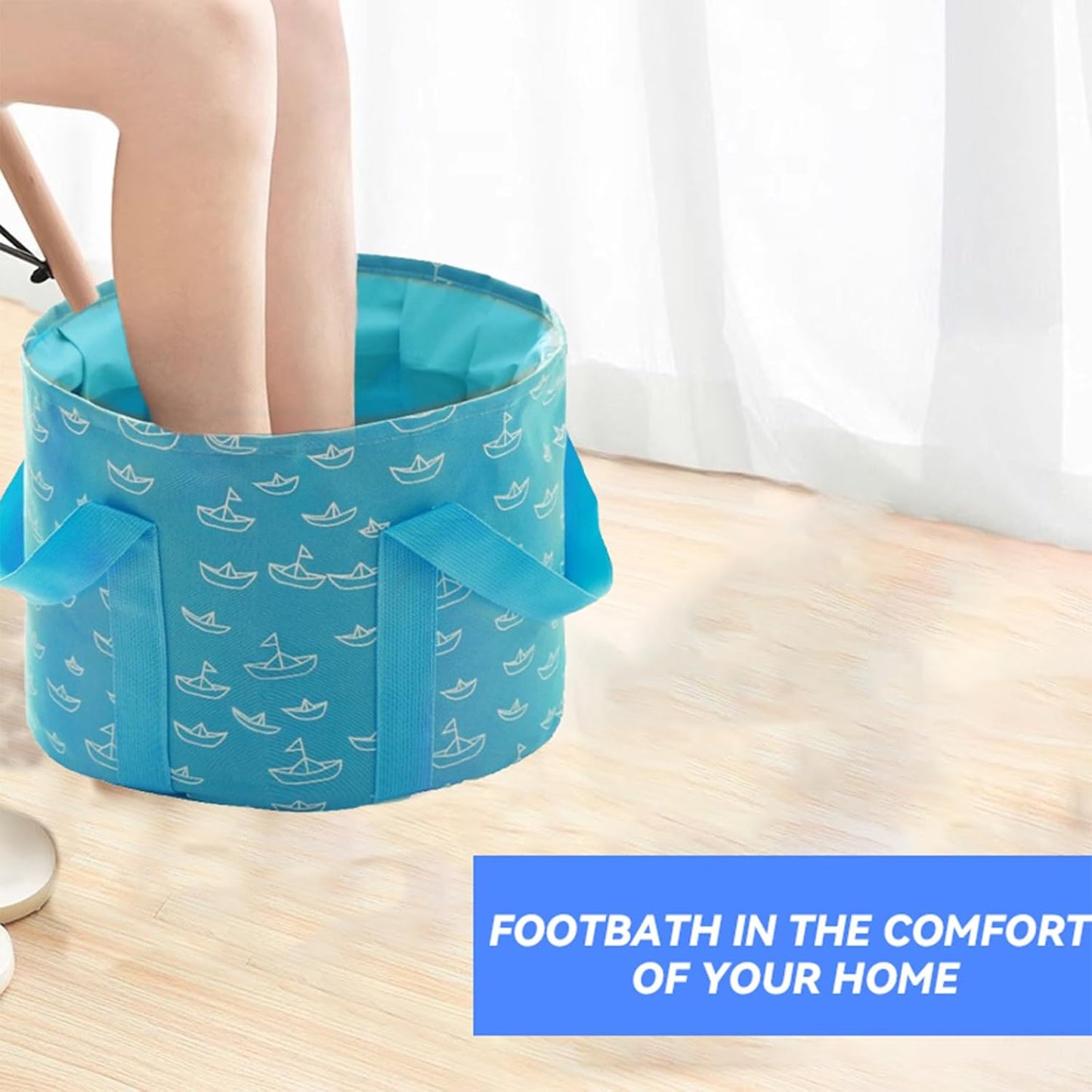 Portable Foldable Foot Soaking Tub｜13.8" Large Waterproof Travel Basin｜Oxford Fabric with Handles｜Blue Boat Pattern