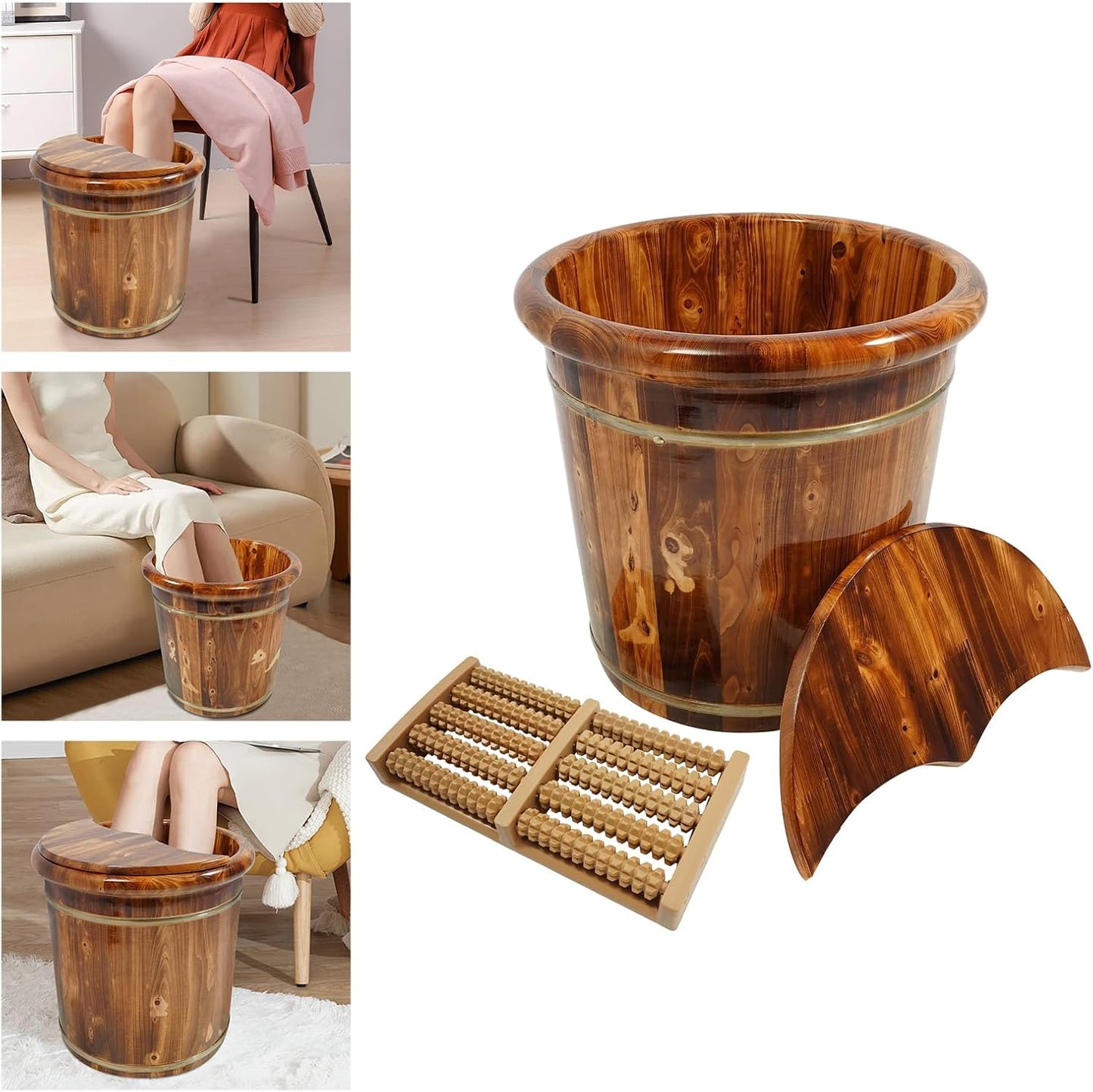 Large Deep Foot Soaking Bucket with Wood Grain Design – 15.75"x15.75" Insulated Foot Bath Tub with Lid – Home Spa Foot Spa Bucket for Stress Relief and Wellness
