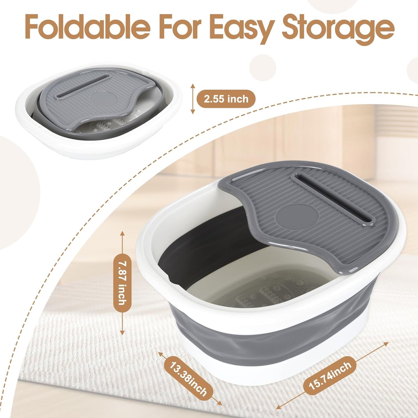Collapsible Foot Soaking Tub with Cover｜Portable Foldable Foot Bath Basin with Massage Dots｜Space-Saving Design｜15.74" Gray & White