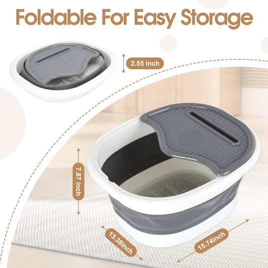 Collapsible Foot Soaking Tub with Cover｜Portable Foldable Foot Bath Basin with Massage Dots｜Space-Saving Design｜15.74" Gray & White