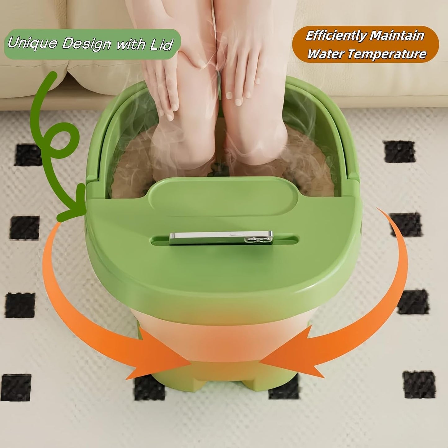 Multi-Functional Collapsible Foot Soak Tub｜Thickened Foot Bath Basin with Lid｜Massage Bump Base & Phone Slot｜Portable Space-Saving Design (Green)