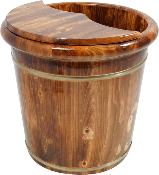 Large Deep Foot Soaking Bucket with Wood Grain Design – 15.75"x15.75" Insulated Foot Bath Tub with Lid – Home Spa Foot Spa Bucket for Stress Relief and Wellness