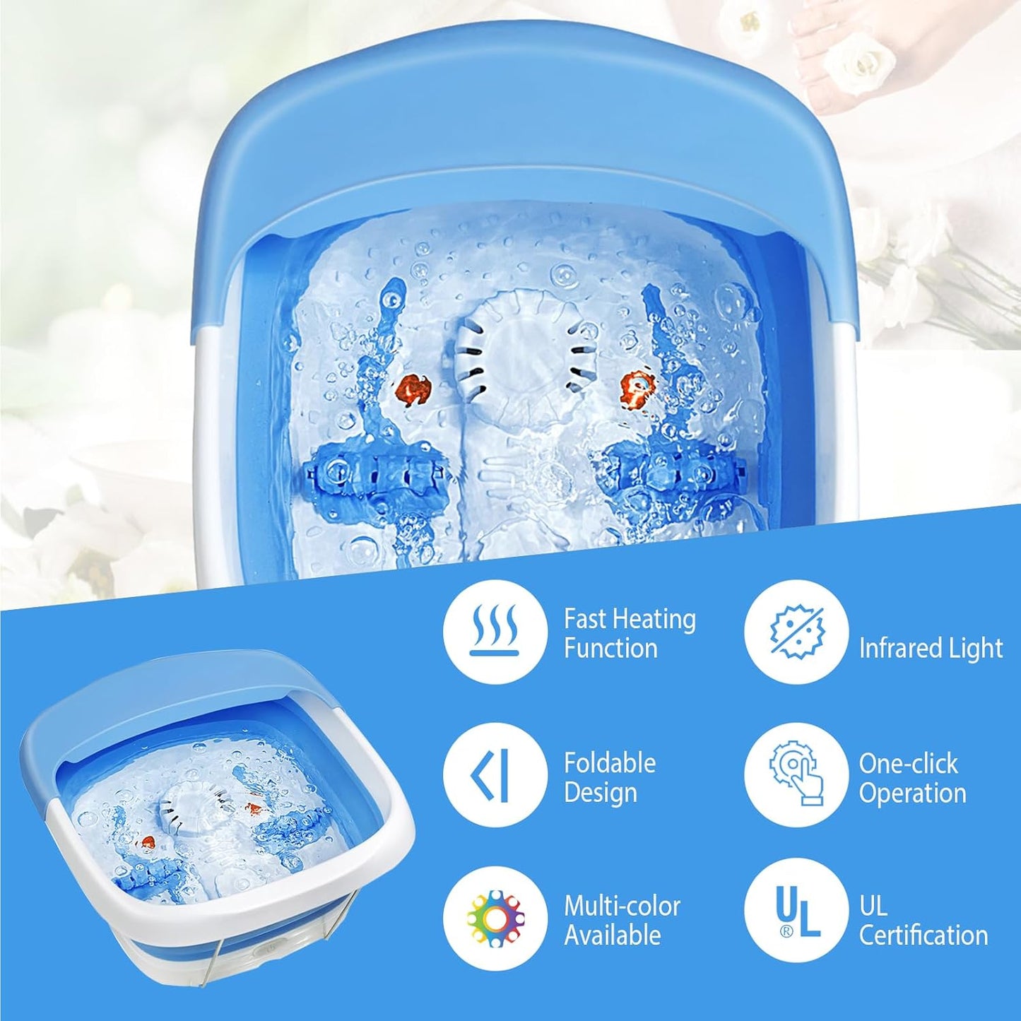 Foldable Foot Spa Bath Massager with Heating & Bubbles｜Infrared Therapy｜3 Modes Electric Foot Soak Tub｜Space-Saving Design｜Blue & White