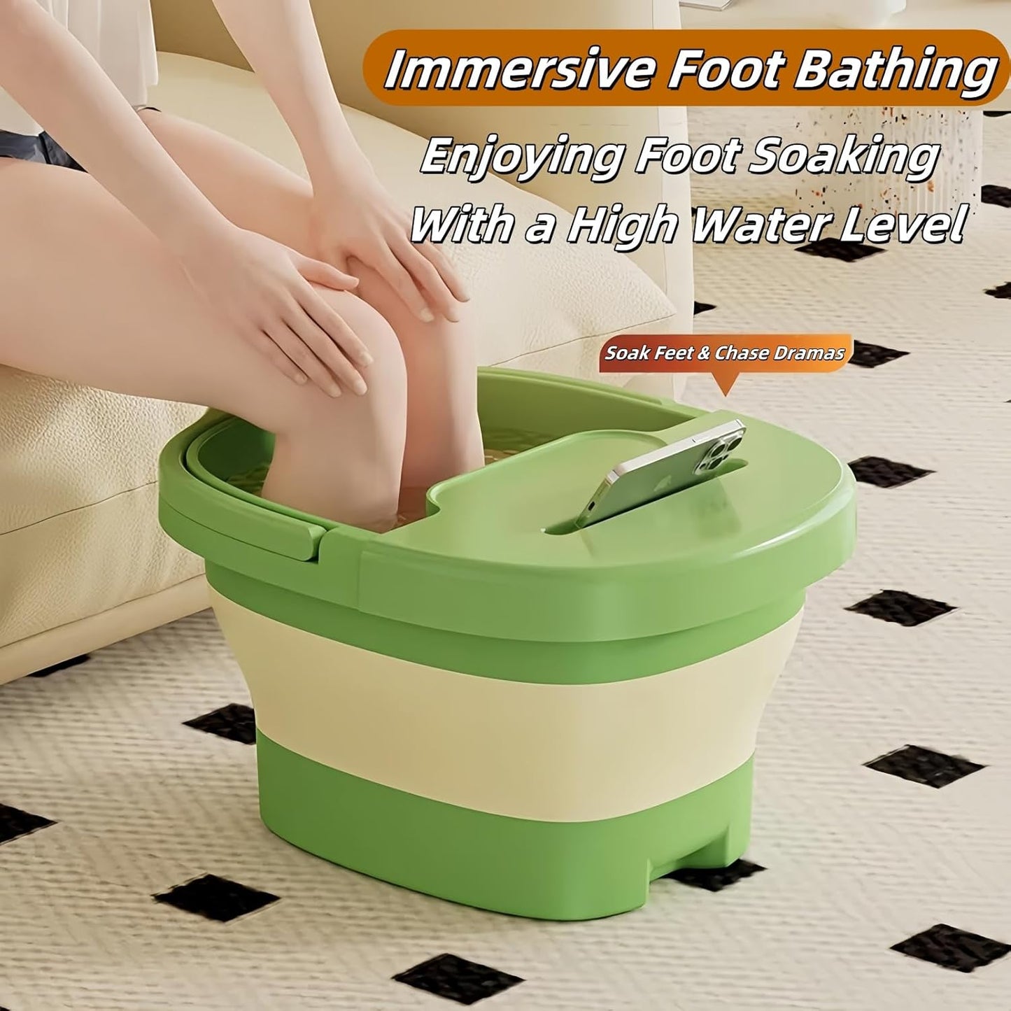 Multi-Functional Collapsible Foot Soak Tub｜Thickened Foot Bath Basin with Lid｜Massage Bump Base & Phone Slot｜Portable Space-Saving Design (Green)