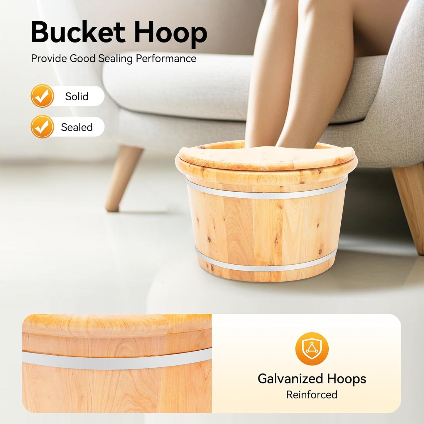 Large Capacity Natural Wooden Foot Soak Bucket with Massage Rollers｜Thickened Pine Foot Spa Tub for Adults｜Reinforced Leak-Proof Barrel 15.75" x 12.2" x 9.84"