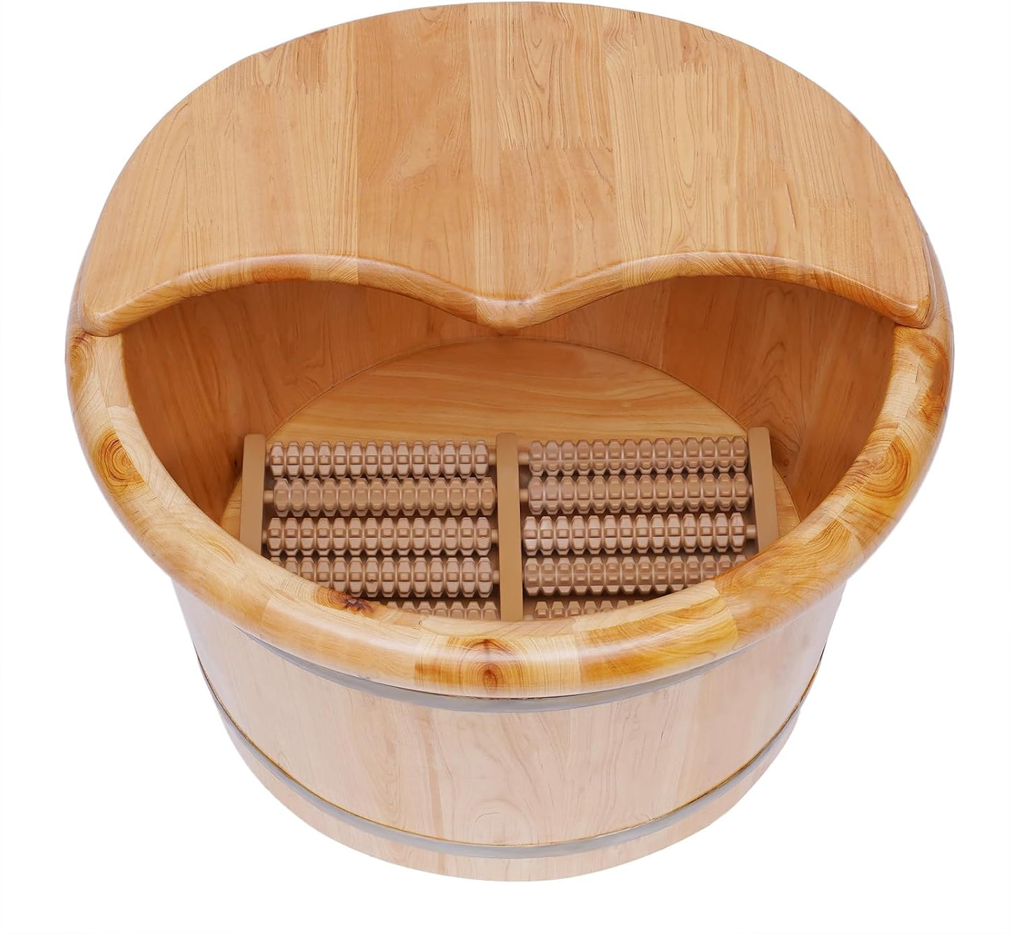 Large Capacity Natural Wooden Foot Soak Bucket with Massage Rollers｜Thickened Pine Foot Spa Tub for Adults｜Reinforced Leak-Proof Barrel 15.75" x 12.2" x 9.84"