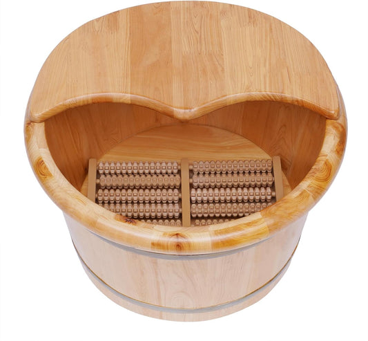 Large Capacity Natural Wooden Foot Soak Bucket with Massage Rollers｜Thickened Pine Foot Spa Tub for Adults｜Reinforced Leak-Proof Barrel 15.75" x 12.2" x 9.84"