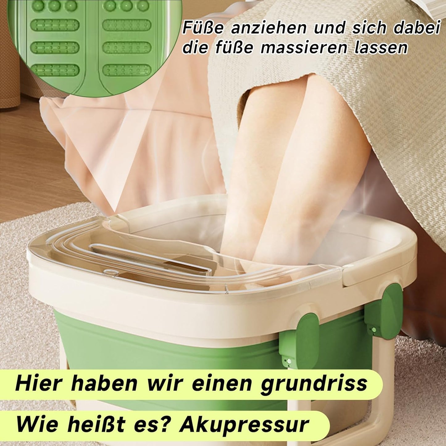 Portable Collapsible Foot Soaking Bucket – Foldable Foot Bath Tub with Handles – Heat-Resistant, Space-Saving Basin for Travel & Home – Green & White – 13.38"x9.44"x8.26"
