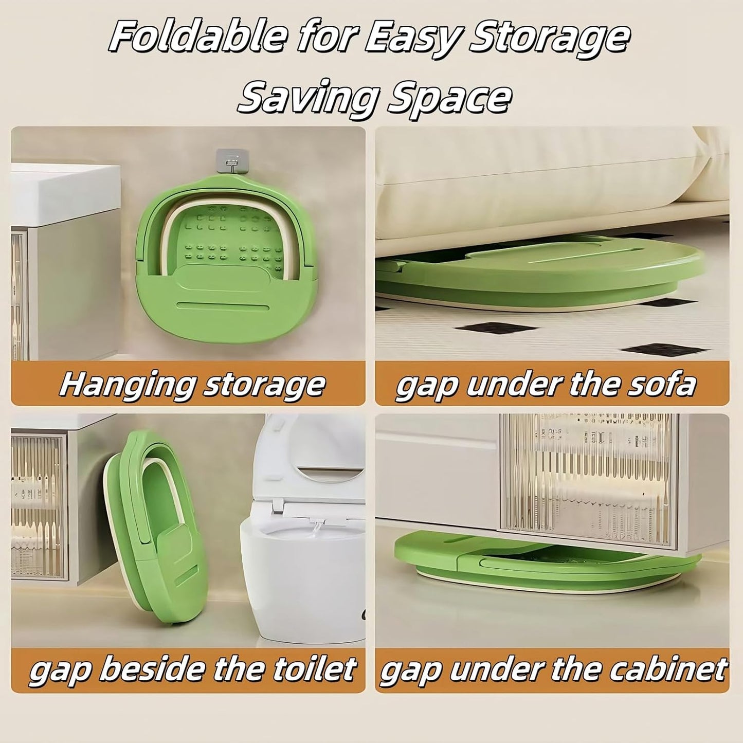 Multi-Functional Collapsible Foot Soak Tub｜Thickened Foot Bath Basin with Lid｜Massage Bump Base & Phone Slot｜Portable Space-Saving Design (Green)