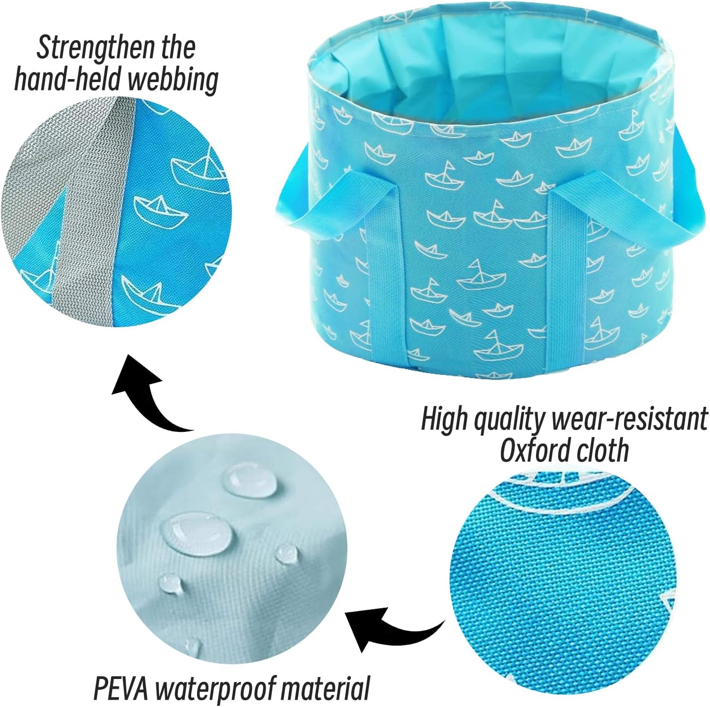 Portable Foldable Foot Soaking Tub｜13.8" Large Waterproof Travel Basin｜Oxford Fabric with Handles｜Blue Boat Pattern