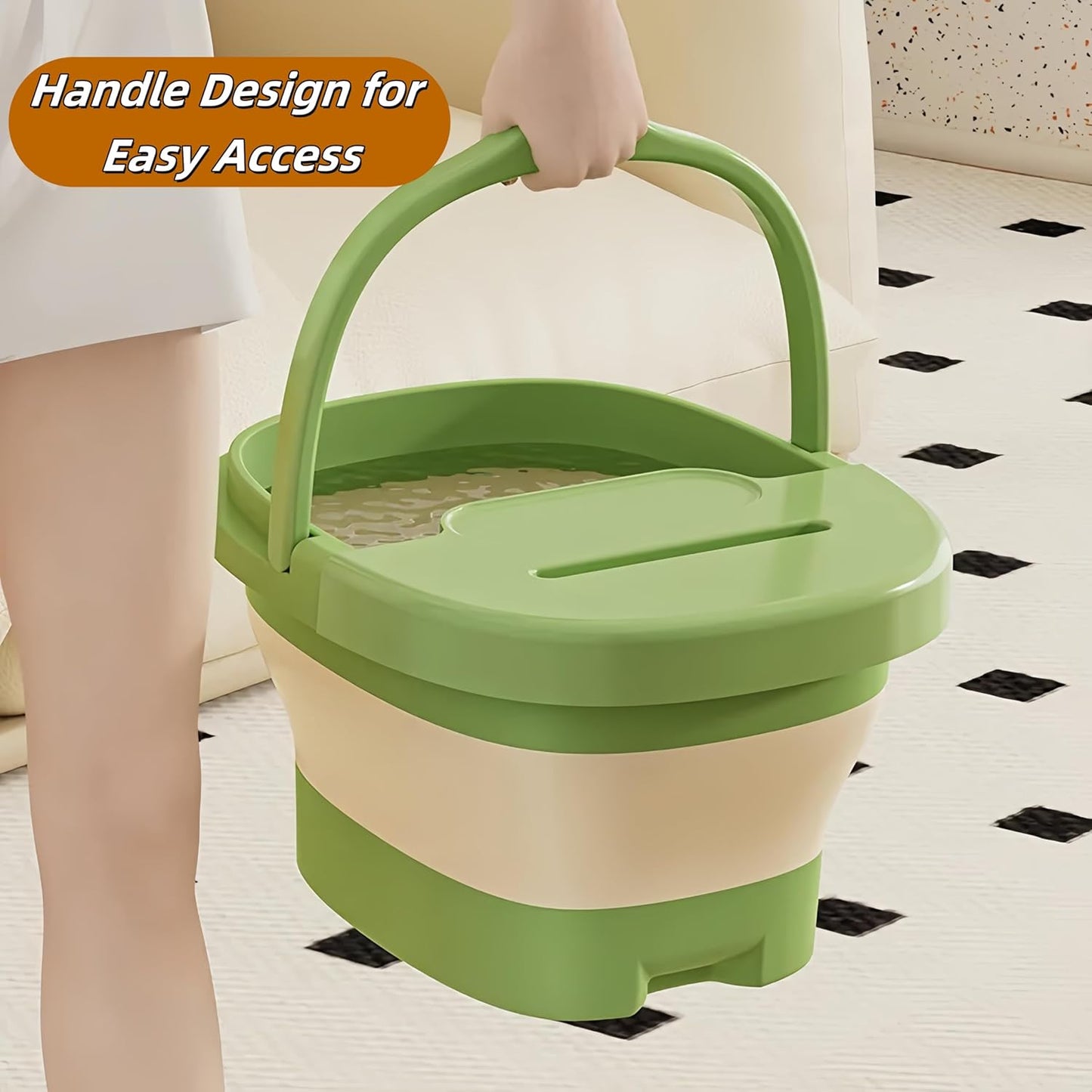 Multi-Functional Collapsible Foot Soak Tub｜Thickened Foot Bath Basin with Lid｜Massage Bump Base & Phone Slot｜Portable Space-Saving Design (Green)