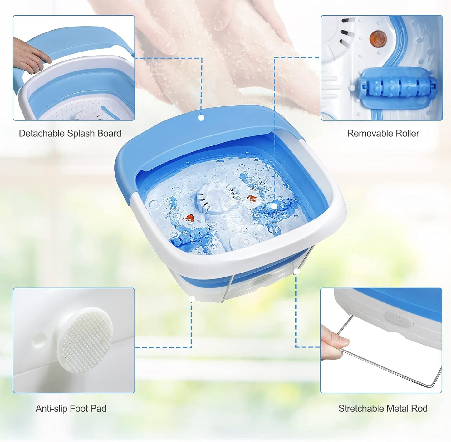 Foldable Foot Spa Bath Massager with Heating & Bubbles｜Infrared Therapy｜3 Modes Electric Foot Soak Tub｜Space-Saving Design｜Blue & White