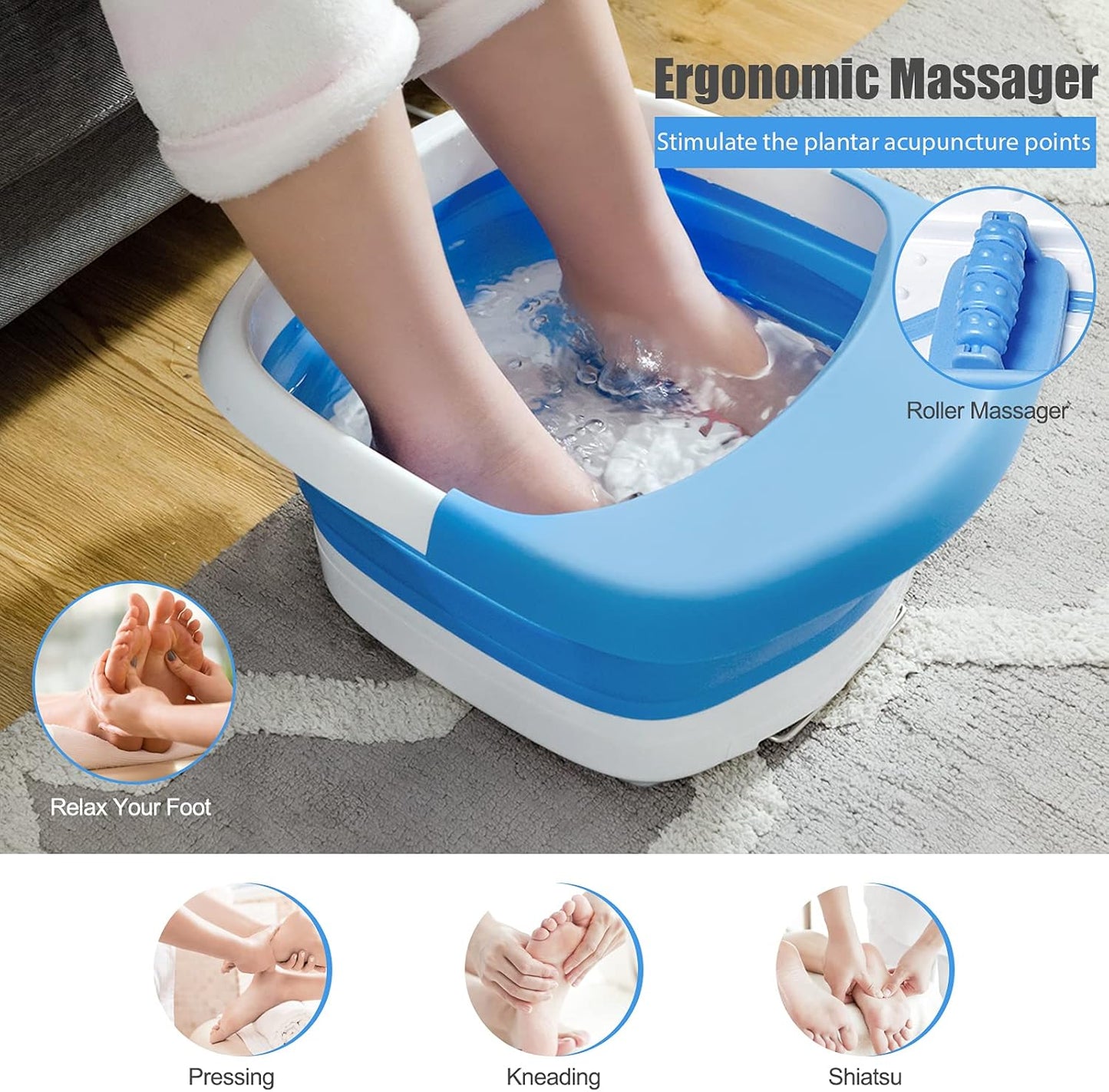 Foldable Foot Spa Bath Massager with Heating & Bubbles｜Infrared Therapy｜3 Modes Electric Foot Soak Tub｜Space-Saving Design｜Blue & White